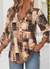 Dark Coffee tops,Geometric tops,ROTITA Tummy Coverage Geometric Print Dark Coffee Split Neck Blouse