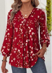ROTITA Patchwork Floral Print Wine Red Bracelet Sleeve Blouse