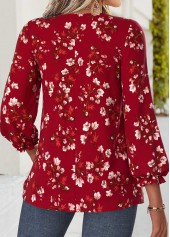 Wine Red tops,Floral tops,Plants tops,ROTITA Patchwork Floral Print Wine Red Bracelet Sleeve Blouse