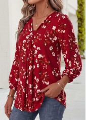 Wine Red tops,Floral tops,Plants tops,ROTITA Patchwork Floral Print Wine Red Bracelet Sleeve Blouse