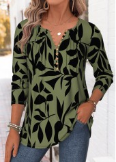 ROTITA Tuck Stitch Plants Print Blackish Green T Shirt