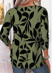 Blackish Green tops,Plants tops,ROTITA Tuck Stitch Plants Print Blackish Green T Shirt