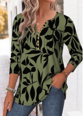 Blackish Green tops,Plants tops,ROTITA Tuck Stitch Plants Print Blackish Green T Shirt