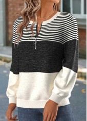 Dark Grey Marl tops,Striped tops,Geometric tops,ROTITA Tummy Coverage Striped Dark Grey Marl Round Neck Sweatshirt
