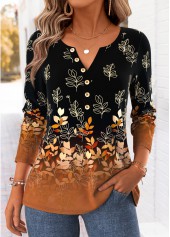 ROTITA Curved Hem Leaf Print Dark Camel T Shirt