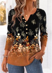 Dark Camel tops,Plants tops,ROTITA Curved Hem Leaf Print Dark Camel T Shirt