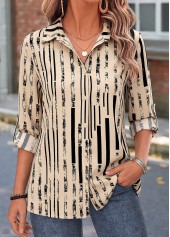 ROTITA Tummy Coverage Geometric Print Light Camel 3/4 Sleeve Shirt