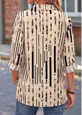 Light Camel tops,Geometric tops,ROTITA Tummy Coverage Geometric Print Light Camel 3/4 Sleeve Shirt