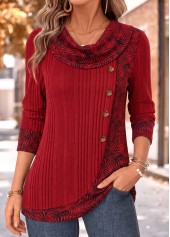 ROTITA Patchwork Leaf Print Red Draped Neck T Shirt