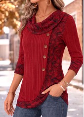 Red tops,Plants tops,ROTITA Patchwork Leaf Print Red Draped Neck T Shirt
