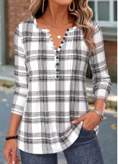 ROTITA Curved Hem Plaid White Split Neck T Shirt