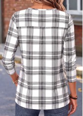 White tops,Plaid tops,Geometric tops,ROTITA Curved Hem Plaid White Split Neck T Shirt