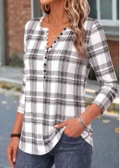 White tops,Plaid tops,Geometric tops,ROTITA Curved Hem Plaid White Split Neck T Shirt