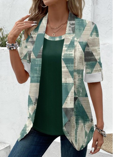 Sage Green tops,Geometric tops,ROTITA Geometric Print Sage Green Fake Two Piece Twinset