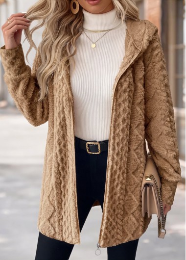 Light Coffee tops,Plain Color tops,ROTITA Tummy Coverage Light Coffee Hooded Long Sleeve Coat