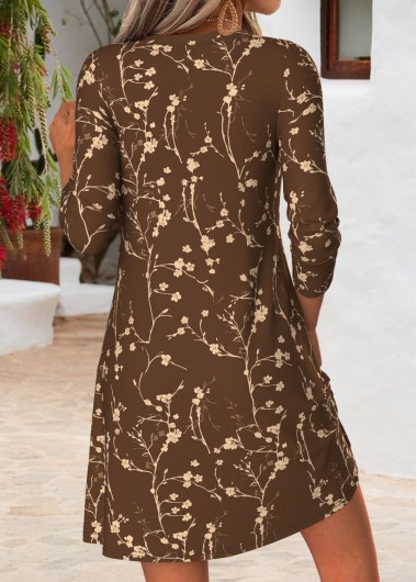 Dark Coffee dresses,Floral dresses,Plants dresses,Everyday dresses,Casual dresses,ROTITA Dark Coffee Floral Print Tuck Stitch Short Dress