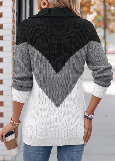 Black tops,Contrast Color tops,ROTITA Tummy Coverage Black Turn Down Collar Long Sleeve Sweater