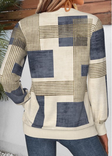 Multi Color tops,Geometric tops,ROTITA Tummy Coverage Geometric Print Multi Color Round Neck Sweatshirt