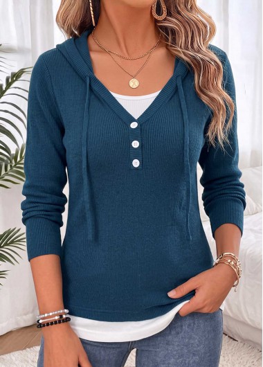 Peacock Blue tops,Contrast Color tops,ROTITA Fake 2in1 Peacock Blue Hooded Long Sleeve Sweater