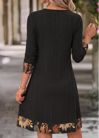 Black dresses,Plants dresses,Everyday dresses,Casual dresses,ROTITA Black Leaf Print Patchwork Short Cowl Neck Dress