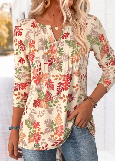 Beige tops,Plants tops,ROTITA Tummy Coverage Leaf Print Green Split Neck T Shirt