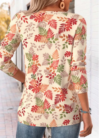 Beige tops,Plants tops,ROTITA Tummy Coverage Leaf Print Green Split Neck T Shirt