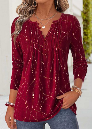 Red tops,Geometric tops,ROTITA Curved Hem Geometric Print Red Split Neck T Shirt
