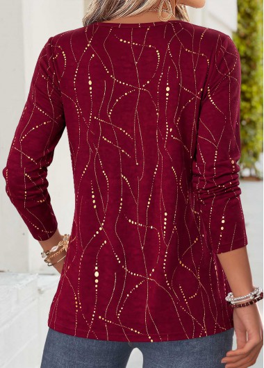 Red tops,Geometric tops,ROTITA Curved Hem Geometric Print Red Split Neck T Shirt