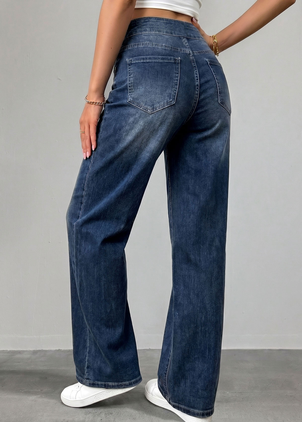 Denim Blue bottoms,Plain Color bottoms,ROTITA Denim Blue Straight Leg Elastic Waist High Waisted Jeans