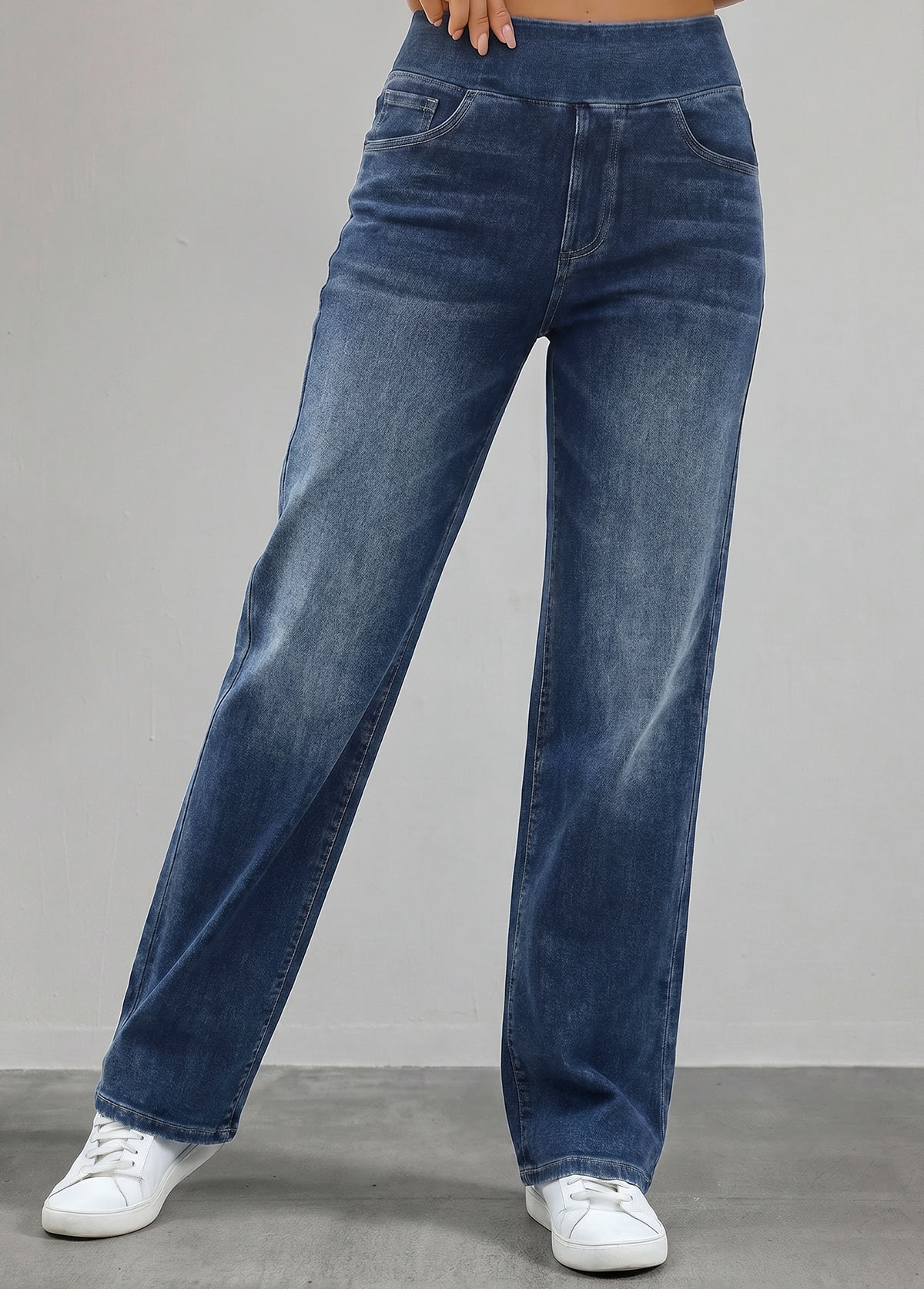 Denim Blue bottoms,Plain Color bottoms,ROTITA Denim Blue Straight Leg Elastic Waist High Waisted Jeans