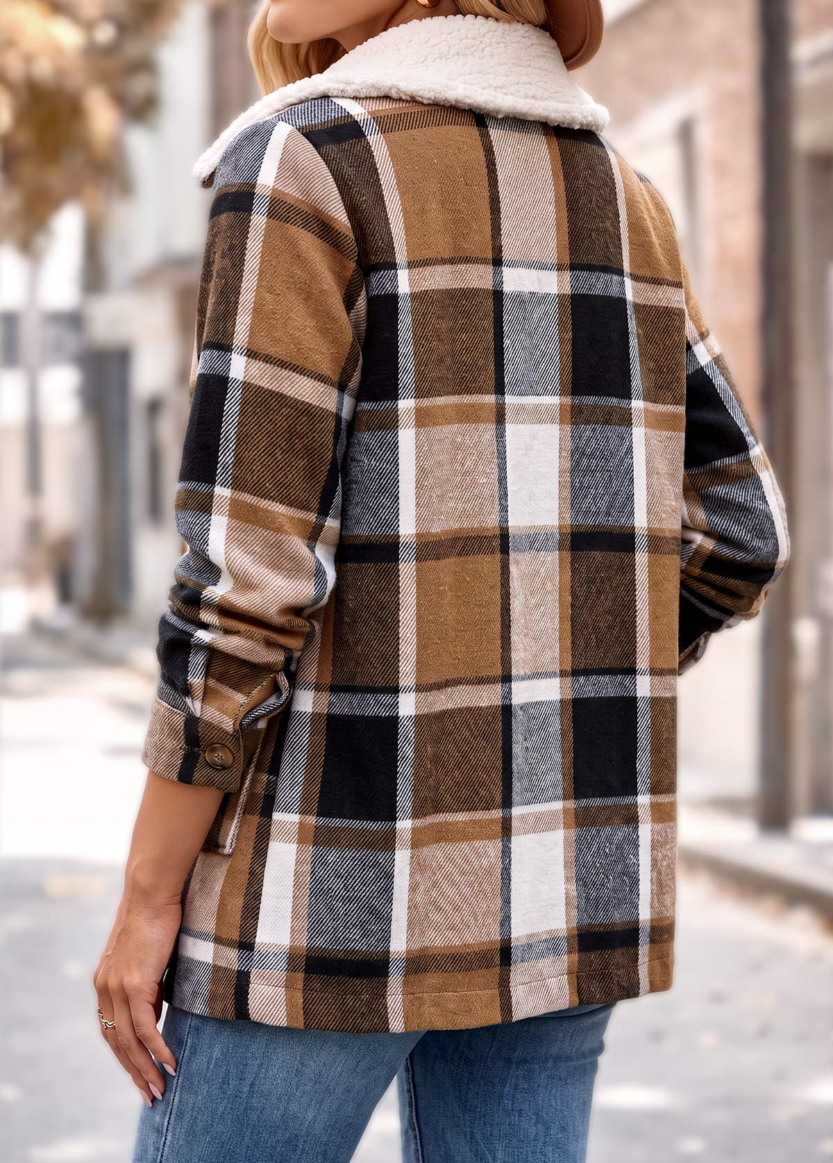 Light Coffee tops,Plaid tops,Geometric tops,Patch Pocket Plaid Light Coffee Turn Down Collar Coat