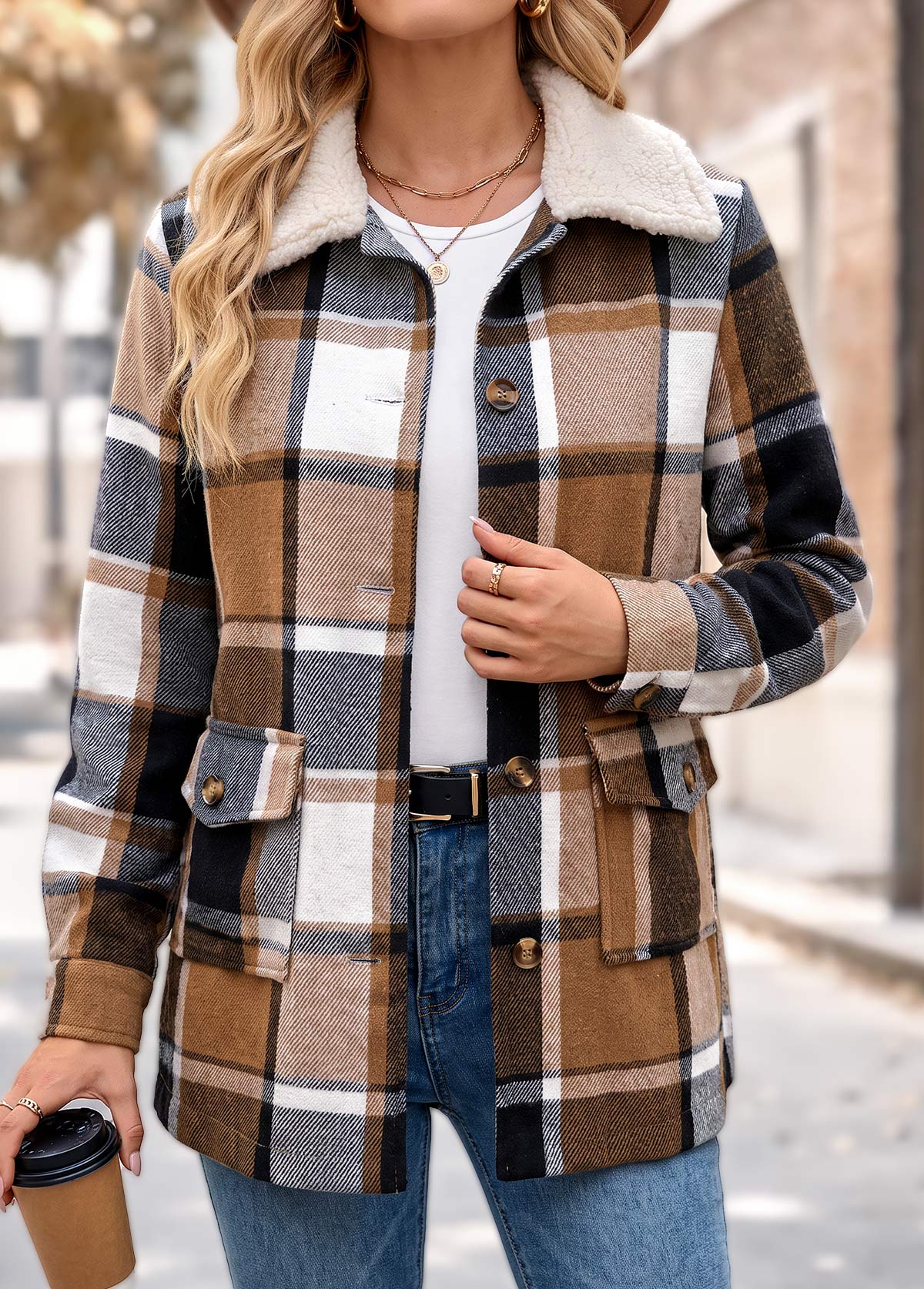 Light Coffee tops,Plaid tops,Geometric tops,Patch Pocket Plaid Light Coffee Turn Down Collar Coat