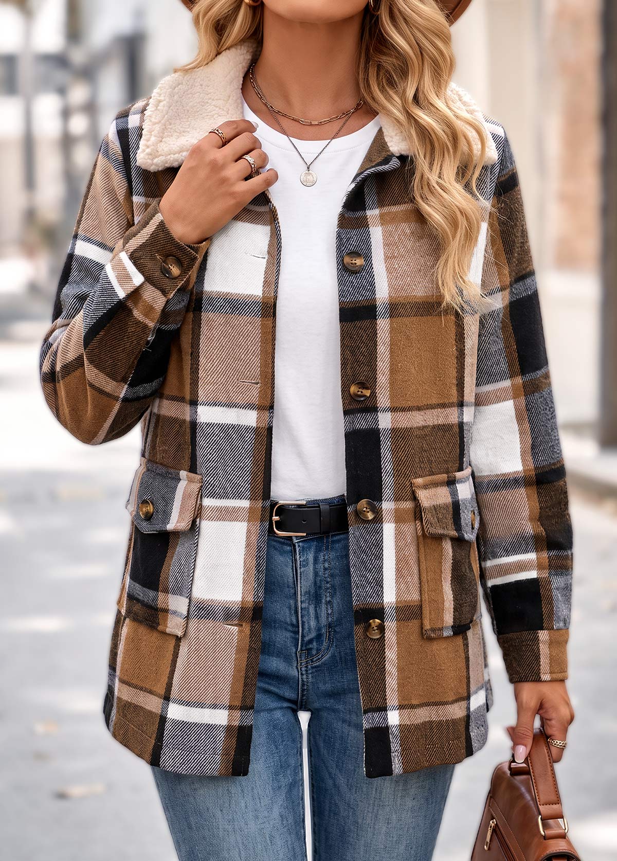 Light Coffee tops,Plaid tops,Geometric tops,Patch Pocket Plaid Light Coffee Turn Down Collar Coat
