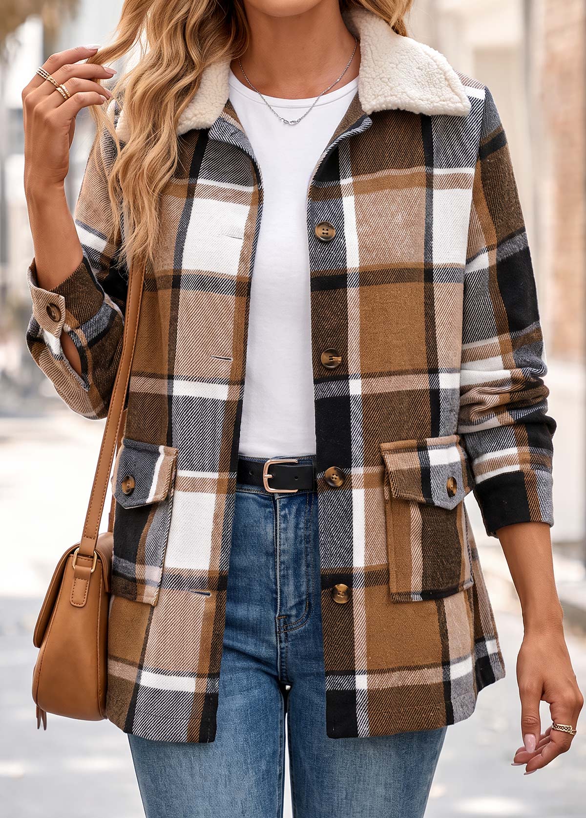 Light Coffee tops,Plaid tops,Geometric tops,Patch Pocket Plaid Light Coffee Turn Down Collar Coat