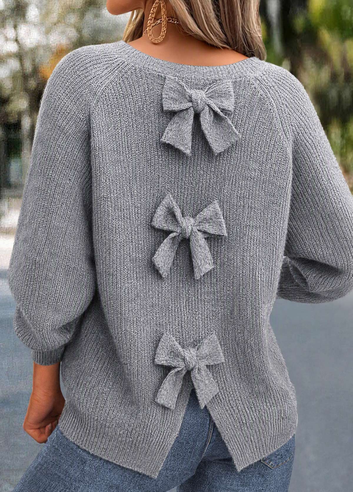 Grey tops,Plain Color tops,ROTITA Bowknot Grey Round Neck Long Sleeve Sweater