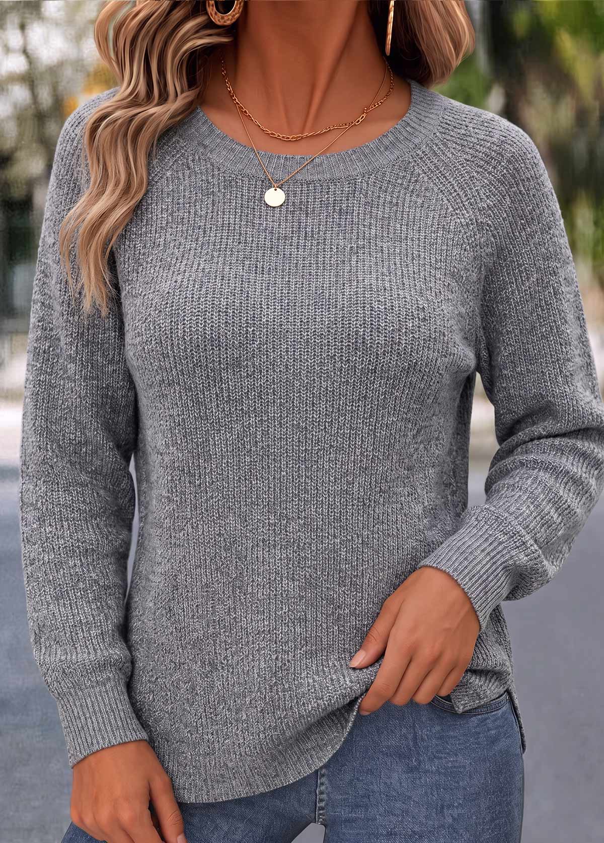 Grey tops,Plain Color tops,ROTITA Bowknot Grey Round Neck Long Sleeve Sweater