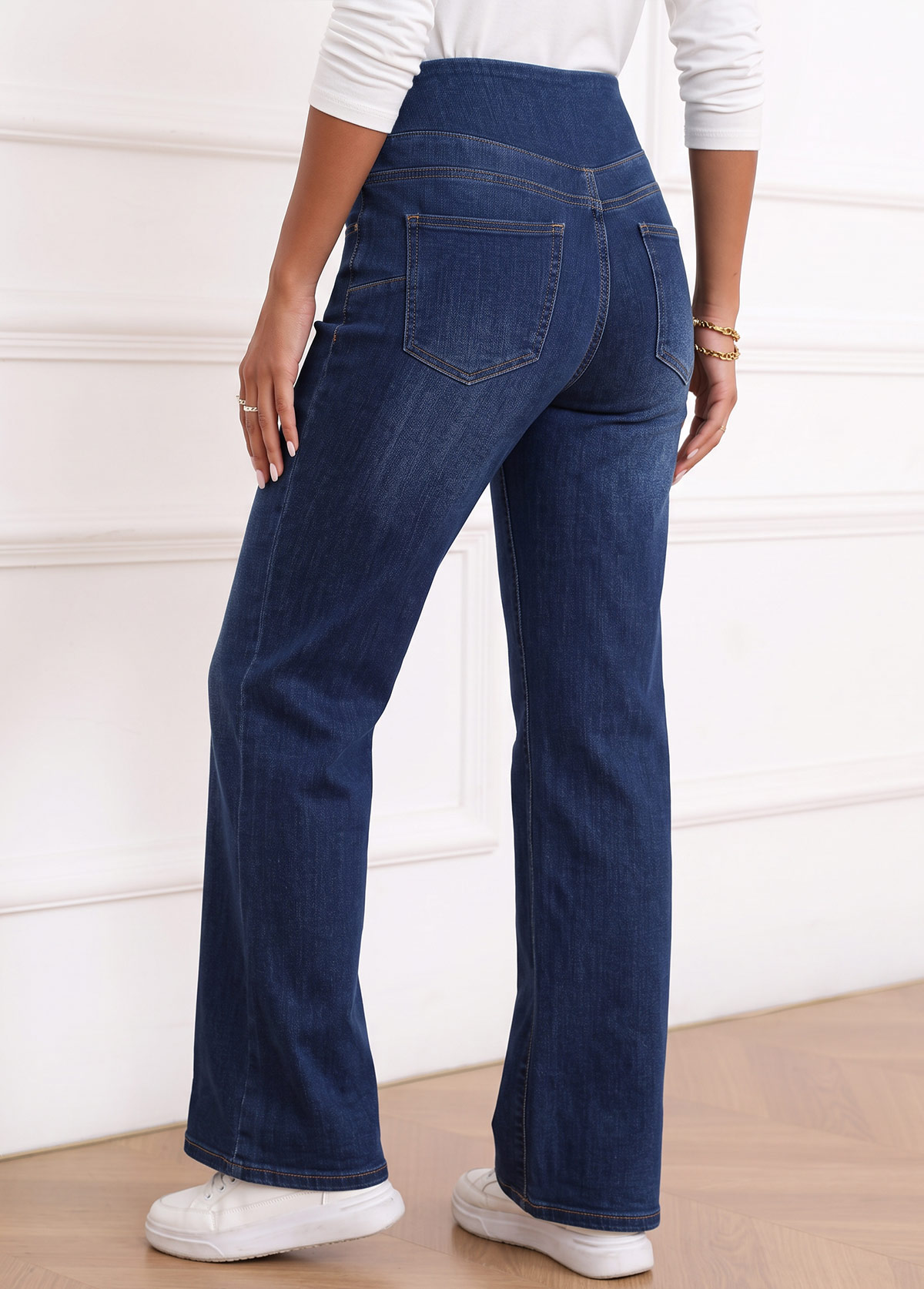 Denim Blue bottoms,Plain Color bottoms,ROTITA Denim Blue Flare Leg Elastic Waist High Waisted Jeans