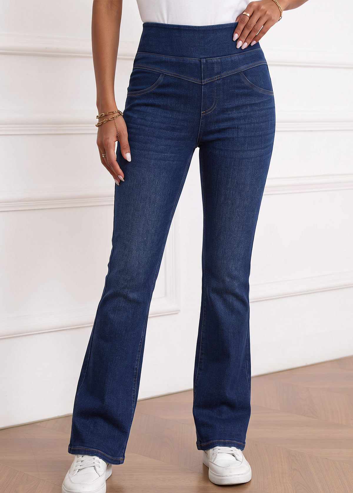 Denim Blue bottoms,Plain Color bottoms,ROTITA Denim Blue Flare Leg Elastic Waist High Waisted Jeans
