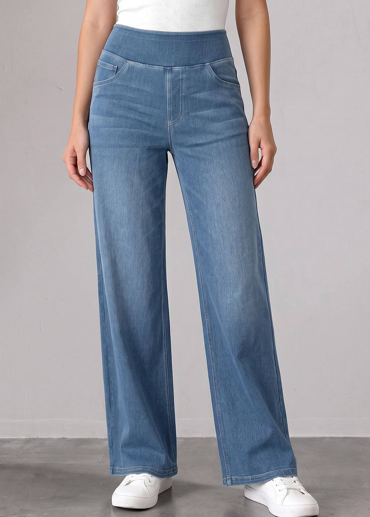 Denim Blue bottoms,Plain Color bottoms,ROTITA Denim Blue Straight Leg Elastic Waist High Waisted Jeans