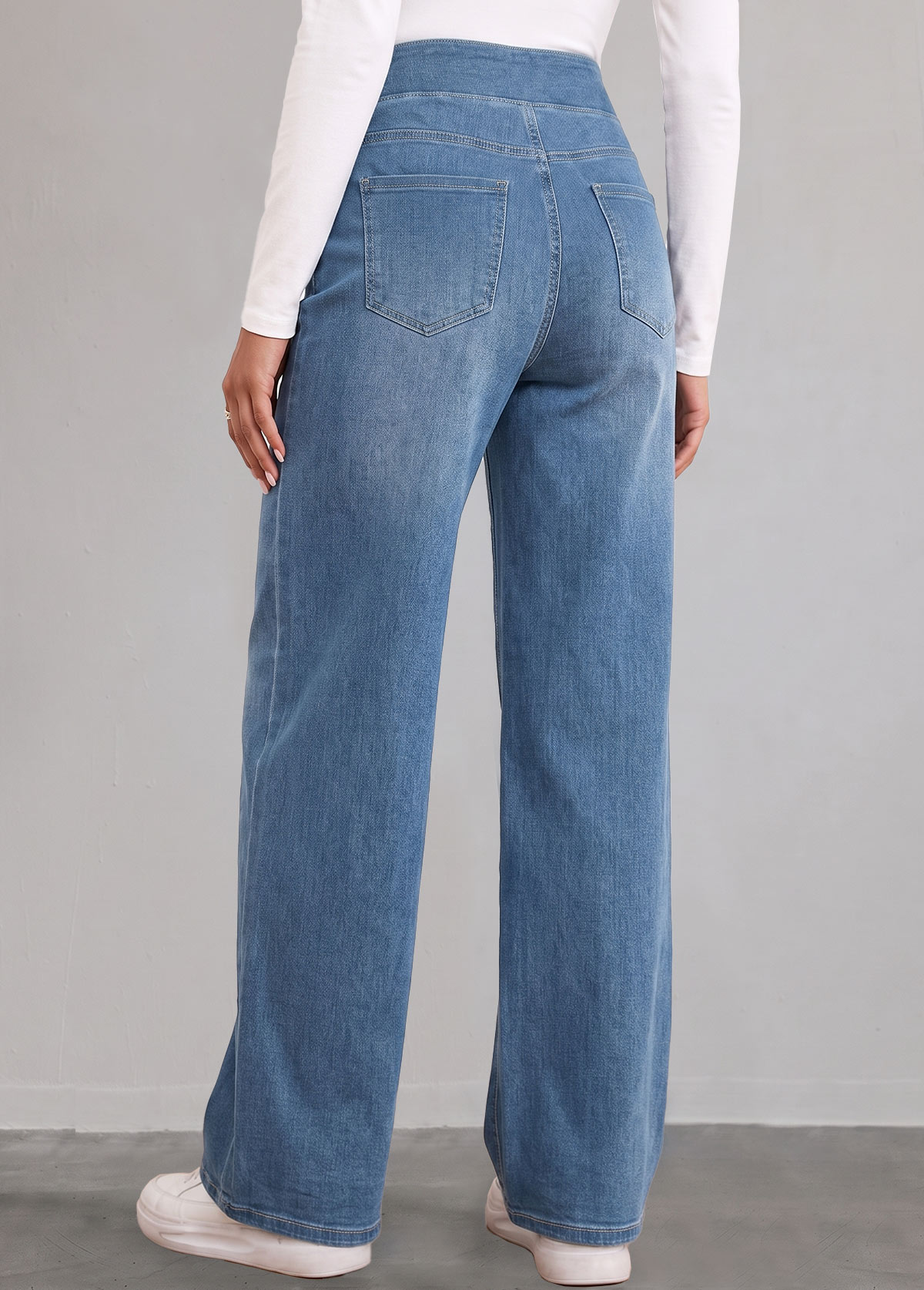 Denim Blue bottoms,Plain Color bottoms,ROTITA Denim Blue Straight Leg Elastic Waist High Waisted Jeans