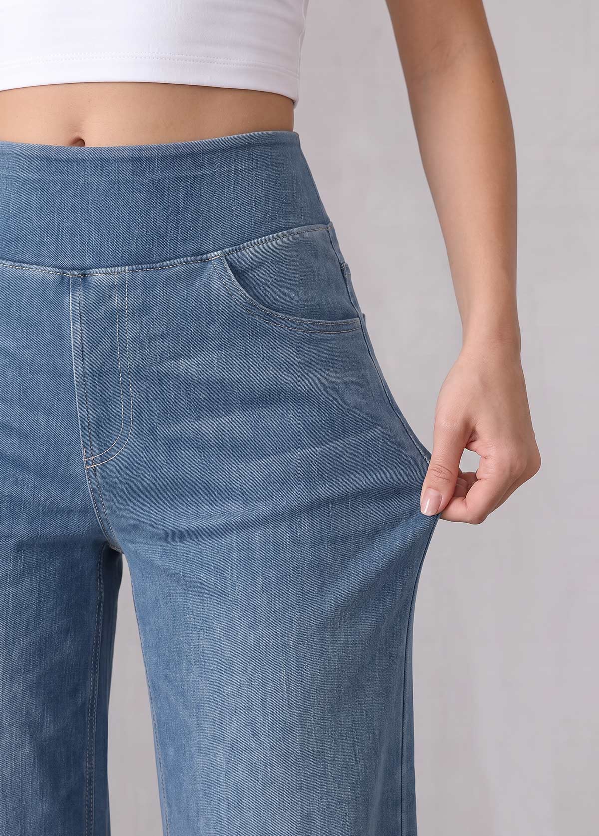Denim Blue bottoms,Plain Color bottoms,ROTITA Denim Blue Straight Leg Elastic Waist High Waisted Jeans