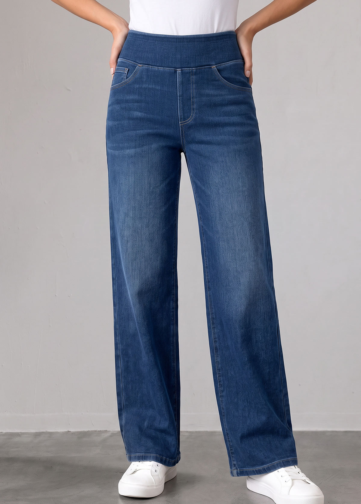 Denim Blue bottoms,Plain Color bottoms,ROTITA Denim Blue Straight Leg Elastic Waist High Waisted Jeans