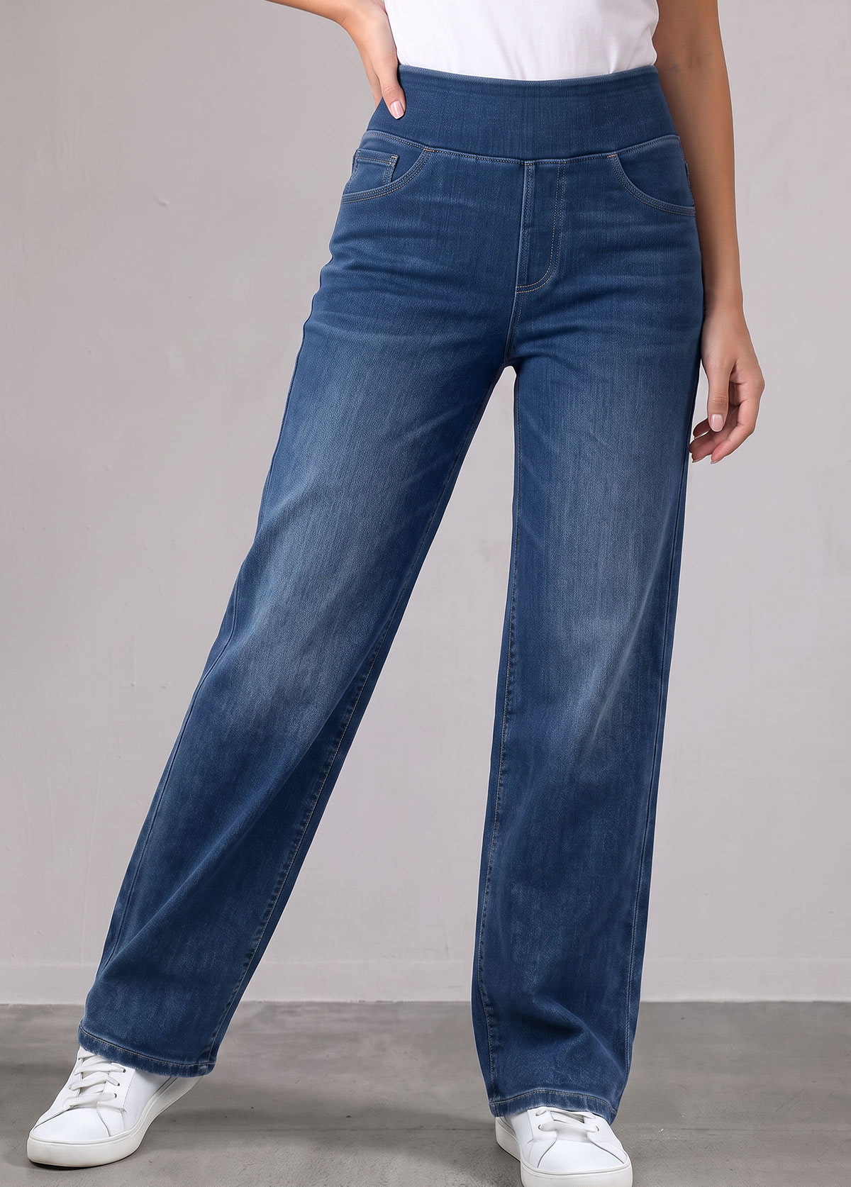 Denim Blue bottoms,Plain Color bottoms,ROTITA Denim Blue Straight Leg Elastic Waist High Waisted Jeans