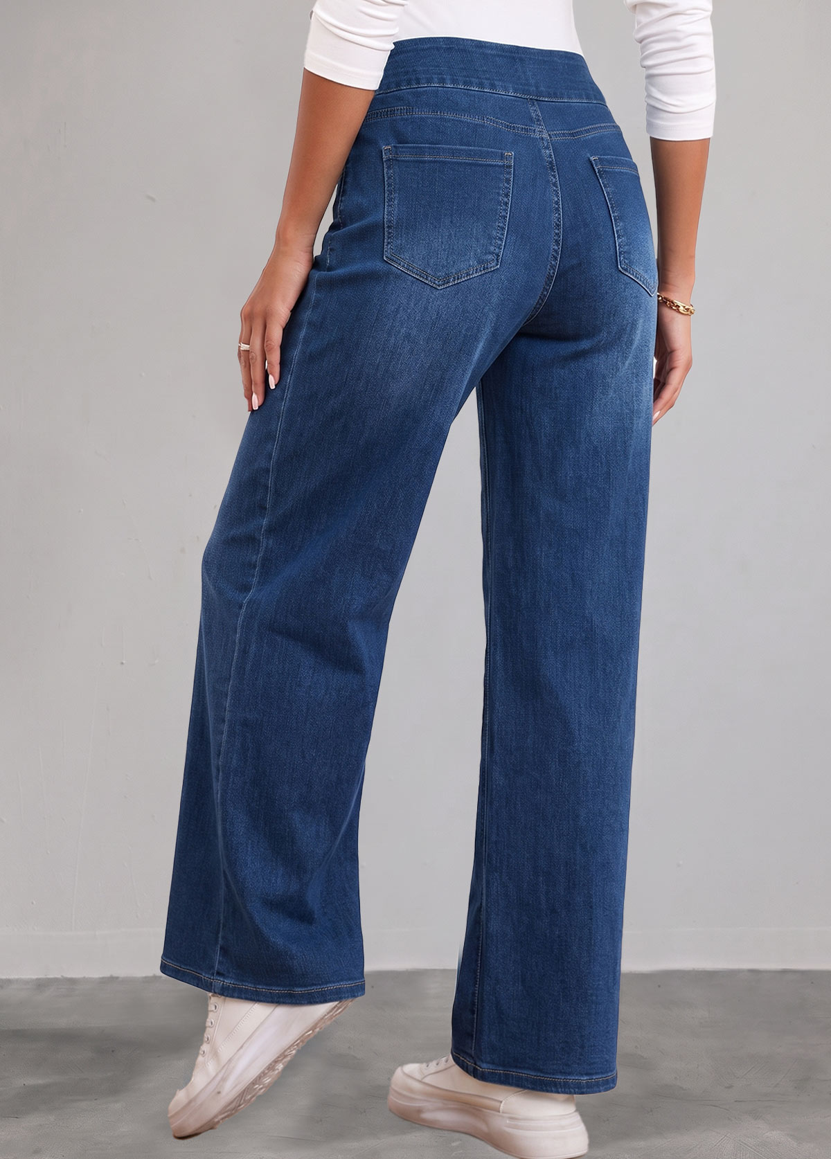 Denim Blue bottoms,Plain Color bottoms,ROTITA Denim Blue Straight Leg Elastic Waist High Waisted Jeans