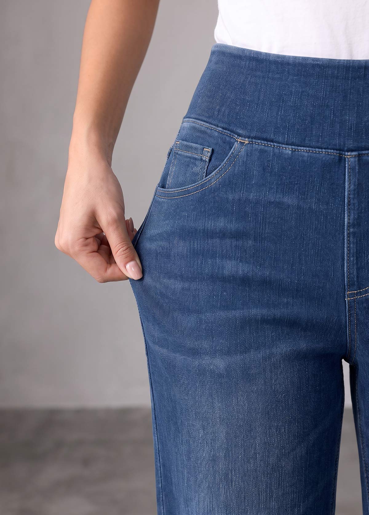 Denim Blue bottoms,Plain Color bottoms,ROTITA Denim Blue Straight Leg Elastic Waist High Waisted Jeans