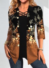 Dark Camel tops,Black tops,Plants tops,Geometric tops,ROTITA Leaf Print Dark Camel Fake Two Piece Twinset