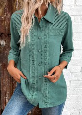 Turquoise tops,Plain Color tops,ROTITA Patchwork Turquoise Button 3/4 Sleeve Shirt
