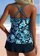 Navy swimwear,Plants swimwear,Floral swimwear,ROTITA Navy Random Floral Print Mid Waisted Tankini Set