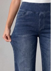 Denim Blue bottoms,Plain Color bottoms,ROTITA Denim Blue Straight Leg Elastic Waist High Waisted Jeans