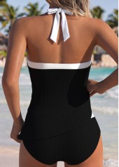 Black swimwear,Contrast Color swimwear,ROTITA Black Patchwork Mid Waisted Tankini Set